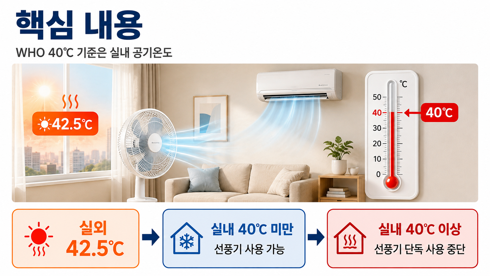양산 42.5도 폭염, 선풍기 정말 꺼야 하나…WHO 40도 기준은 실내온도 - 핵심 내용 핵심 내용을 정리한 정보형 이미지