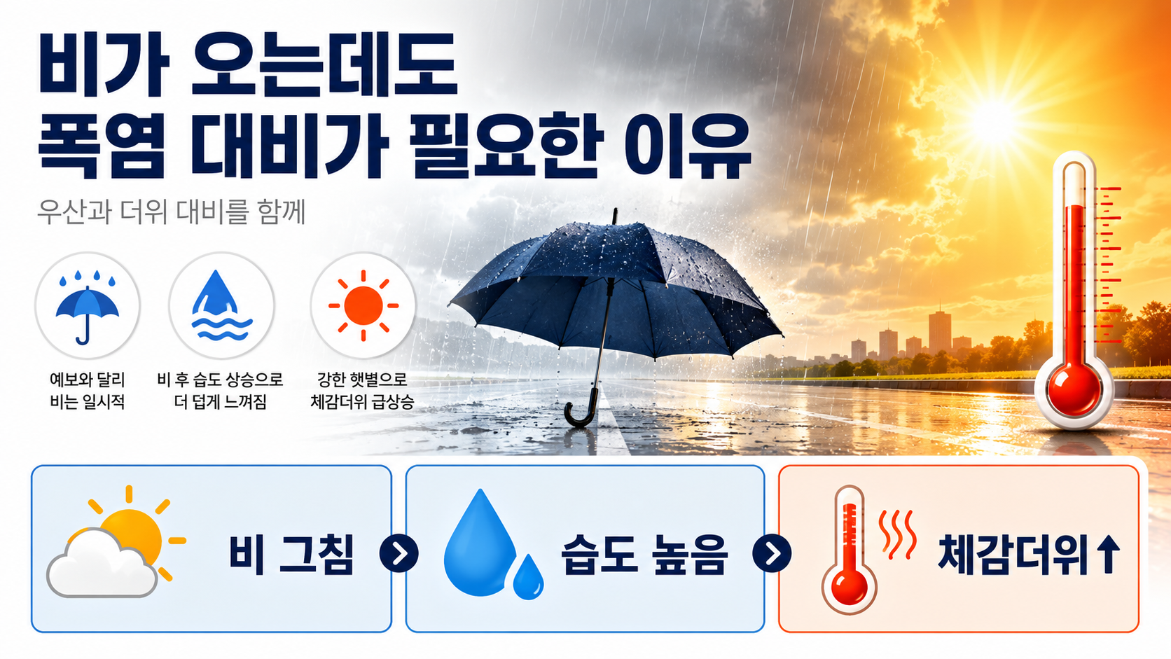 2026년 7월 24일 오늘 날씨, 수도권·강원 비와 전국 폭염 대비법 - 비가 오는데도 폭염 대비가 필요한 이유 핵심 내용을 정리한 정보형 이미지