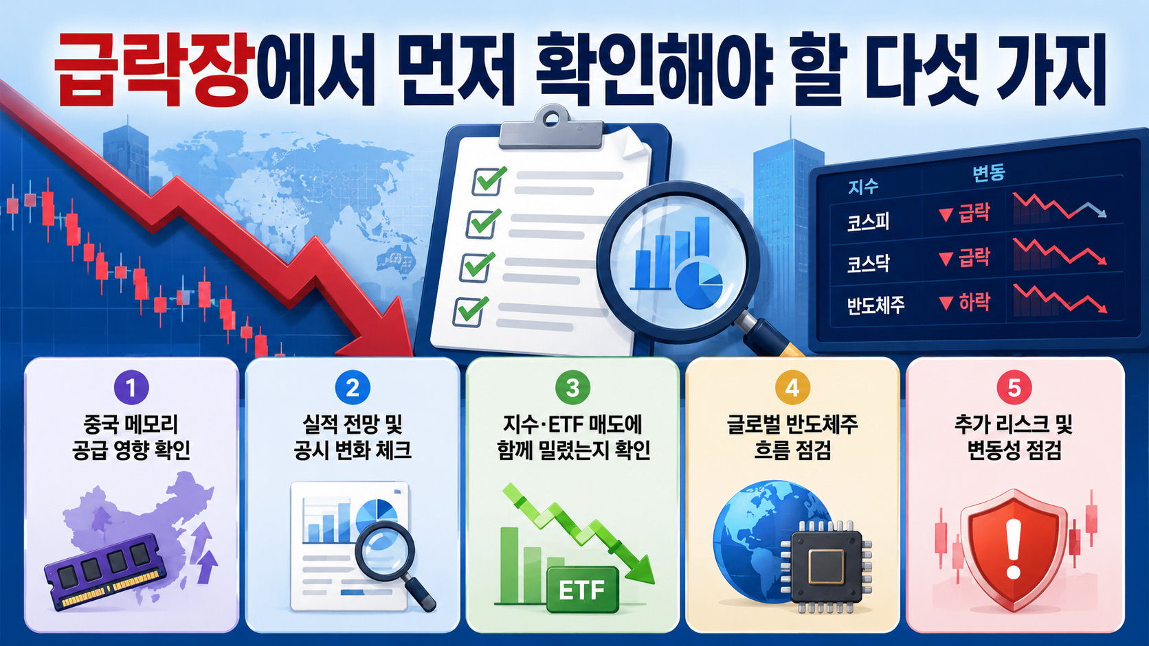 코스피 매도 사이드카 발동, 주식 거래는 멈췄나? 급락 원인과 확인 순서 - 급락장에서 먼저 확인해야 할 다섯 가지 핵심 내용을 정리한 정보형 이미지
