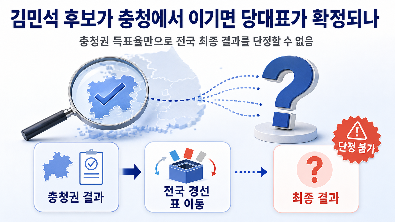 민주당 충청 경선 결과 김민석 45.05%·정청래 44.61%, 303표 차 - 김민석 후보가 충청에서 이기면 당대표가 확정되나 핵심 내용을 정리한 정보형 이미지