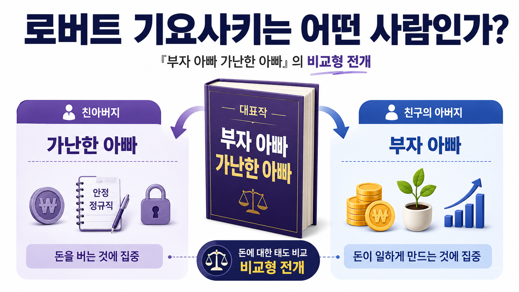 로버트 기요사키는 누구? 『부자 아빠 가난한 아빠』 핵심과 파산·2026년 투자 주장 검증 - 로버트 기요사키는 어떤 사람인가? 핵심 내용을 정리한 정보형 이미지