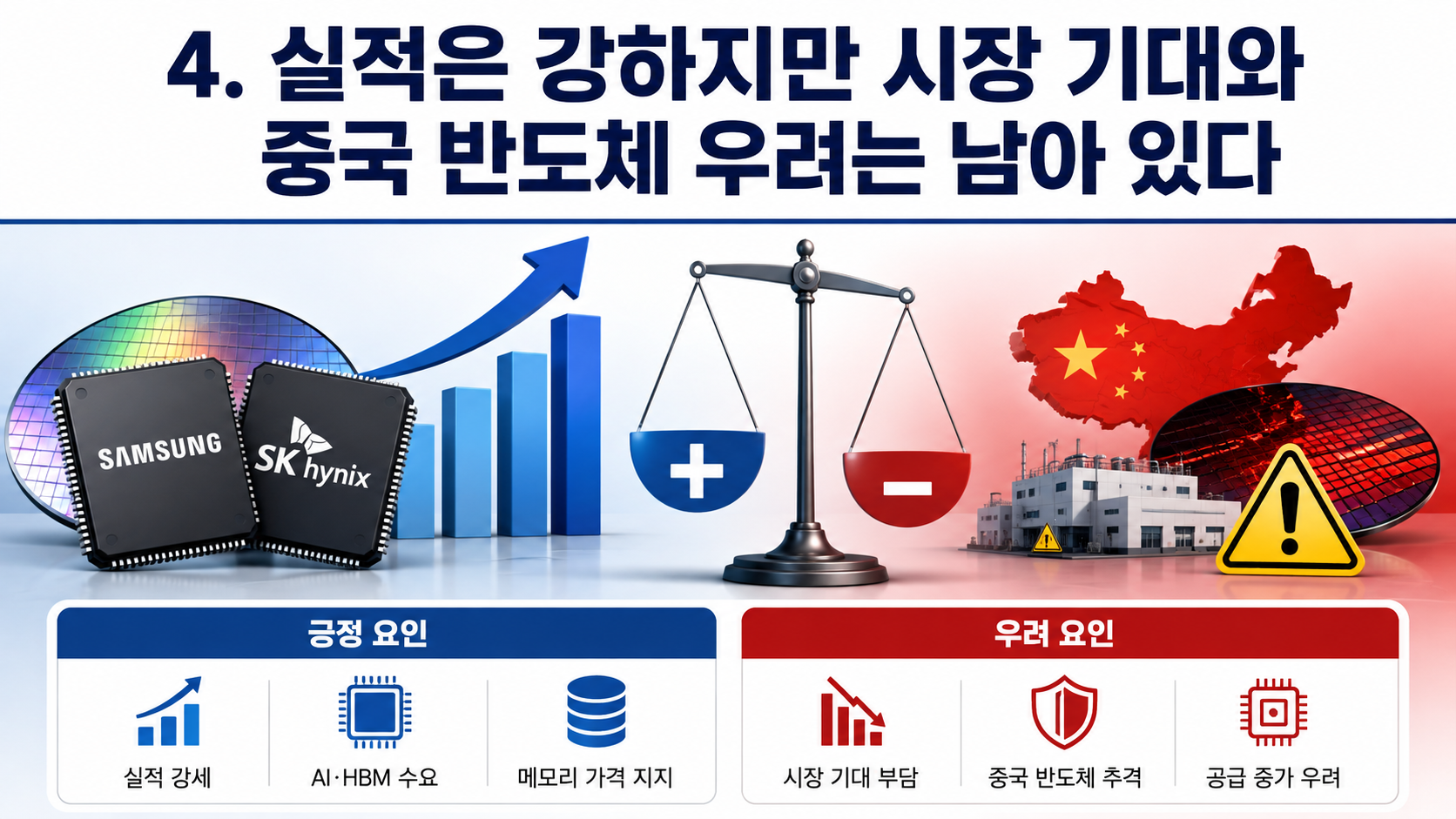 8월 3일 삼성전자·SK하이닉스 전망, 급등 뒤 확인할 가격대 5가지 - 4. 실적은 강하지만 시장 기대와 중국 반도체 우려는 남아 있다 핵심 내용을 정리한 정보형 이미지