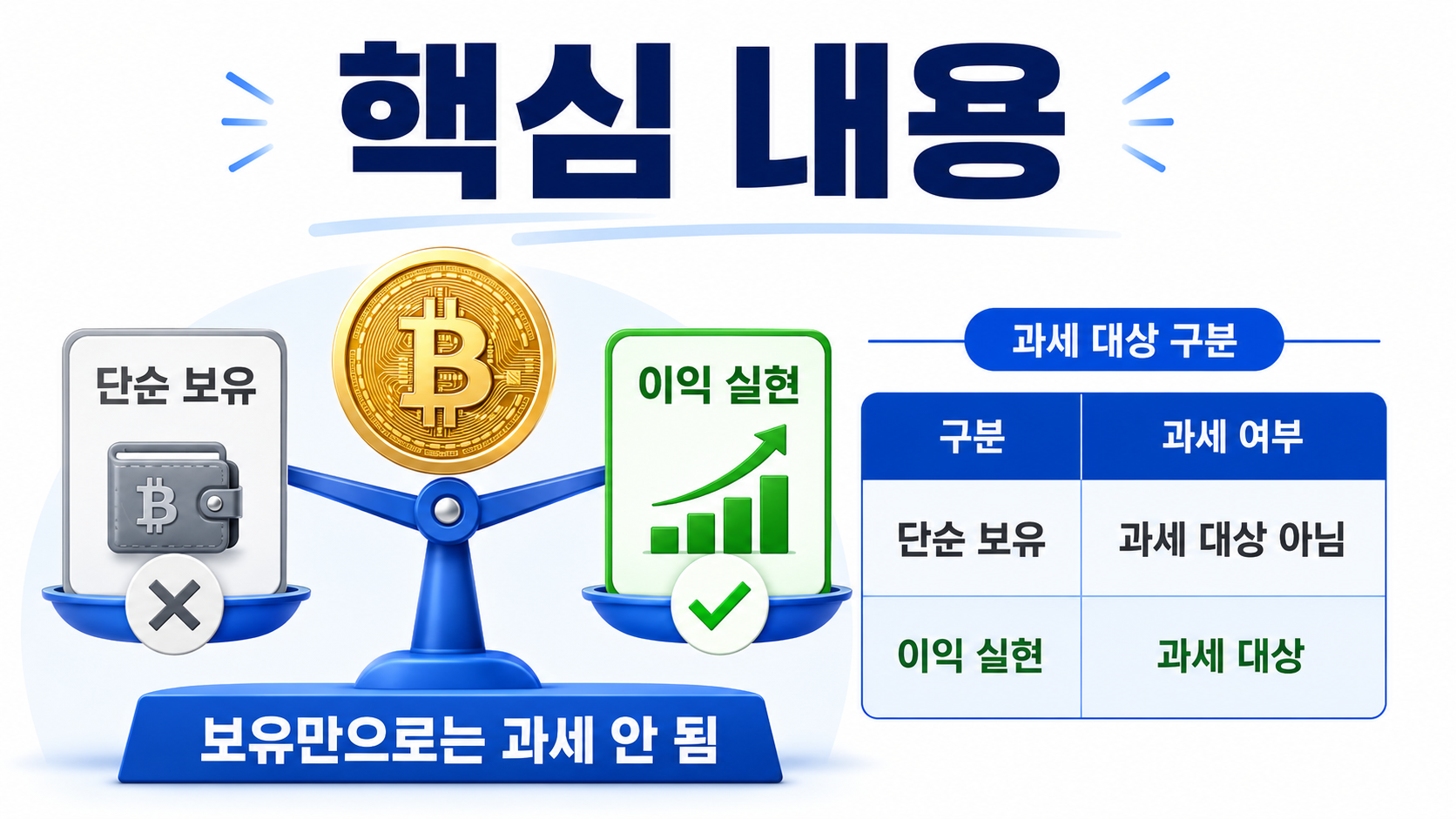 비트코인 과세, 2027년 1월 시행 유지…첫 신고는 2028년 5월 - 핵심 내용 핵심 내용을 정리한 정보형 이미지