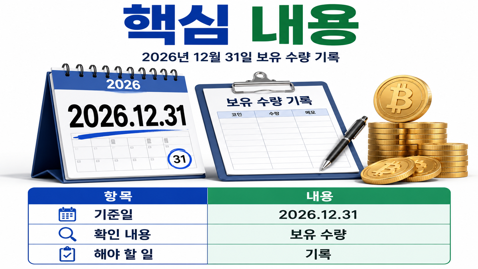 비트코인 과세, 2027년 1월 시행 유지…첫 신고는 2028년 5월 - 핵심 내용 핵심 내용을 정리한 정보형 이미지