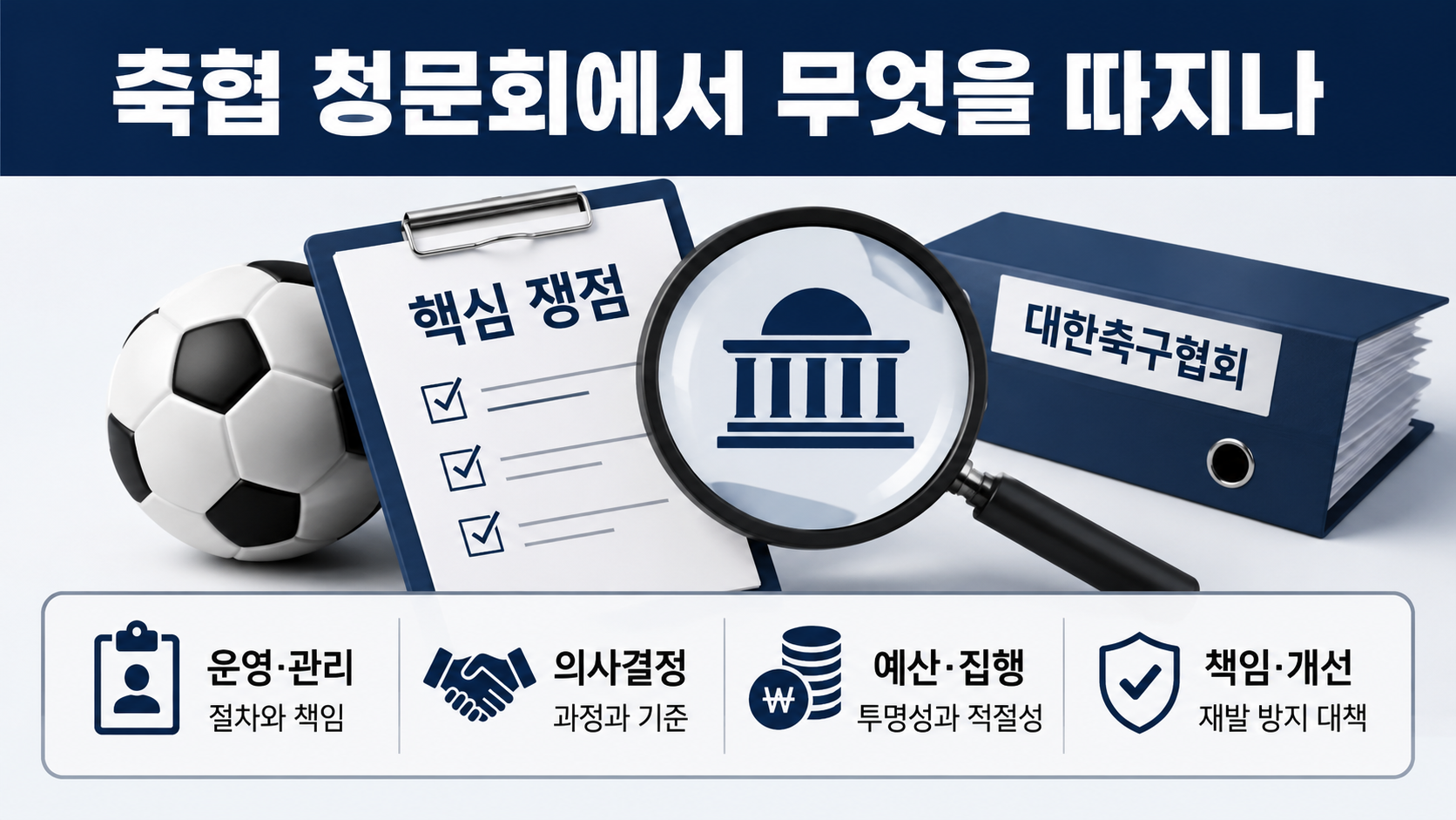 축협 청문회 오늘 오전 10시, 생중계 보는 곳·출석자·핵심 쟁점 - 축협 청문회에서 무엇을 따지나 핵심 내용을 정리한 정보형 이미지