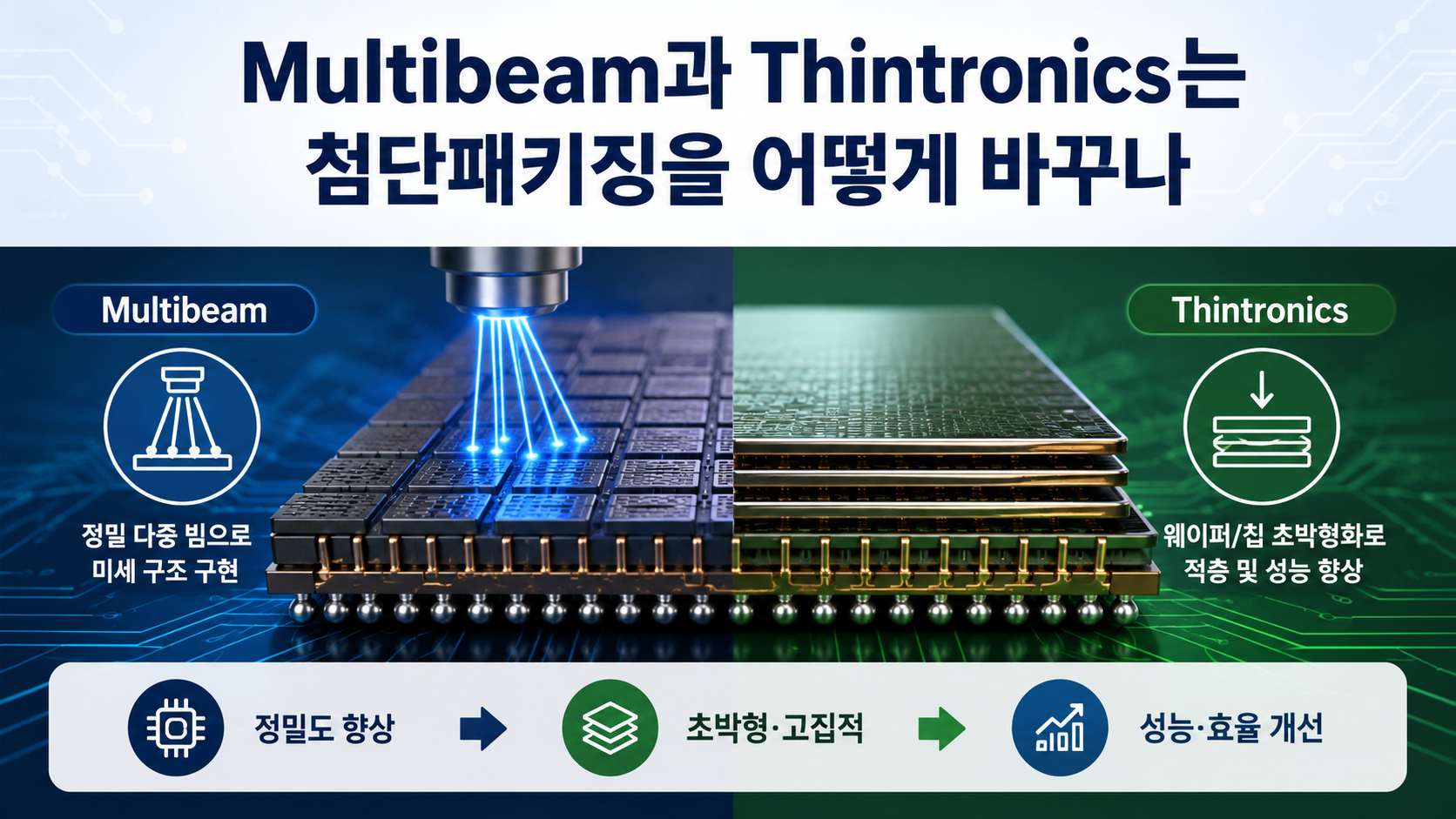 미국 반도체 R&D 8억7,400만 달러 지원 대상 7곳과 한국 영향 - Multibeam과 Thintronics는 첨단패키징을 어떻게 바꾸나 핵심 내용을 정리한 정보형 이미지