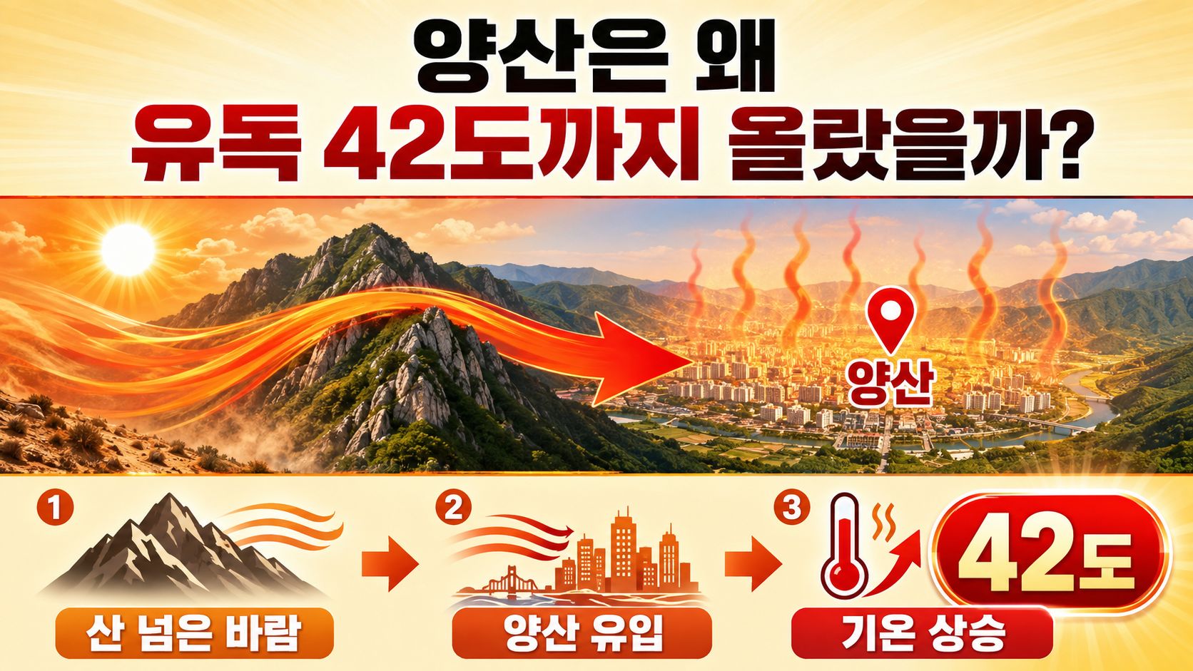 양산 42.5도 왜 이렇게 더웠나, 기록적 폭염 원인 4가지 - 양산은 왜 유독 42도까지 올랐을까? 핵심 내용을 정리한 정보형 이미지