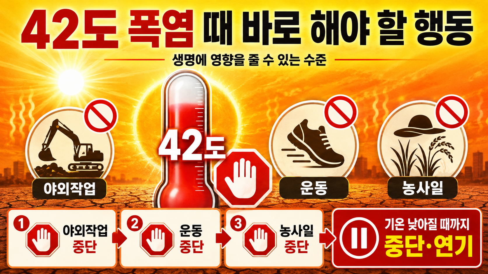양산 42.5도 왜 이렇게 더웠나, 기록적 폭염 원인 4가지 - 42도 폭염 때 바로 해야 할 행동 핵심 내용을 정리한 정보형 이미지