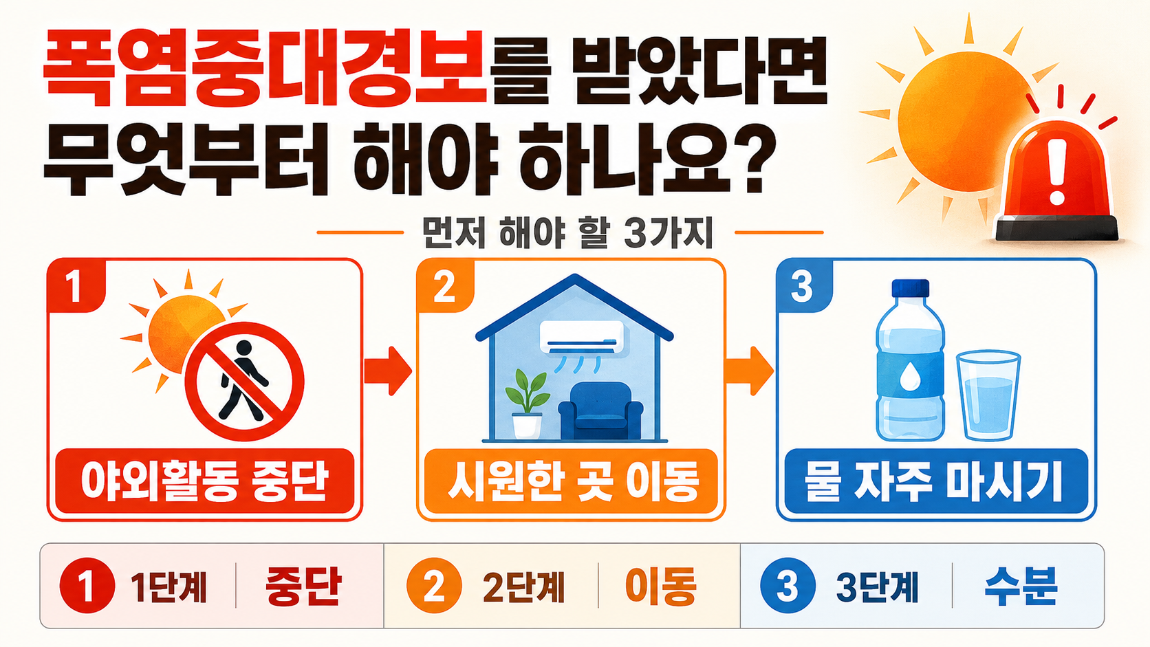 2026 폭염중대경보 지역 어디? 7월 27일 발효 현황과 행동요령 - 폭염중대경보를 받았다면 무엇부터 해야 하나요? 핵심 내용을 정리한 정보형 이미지