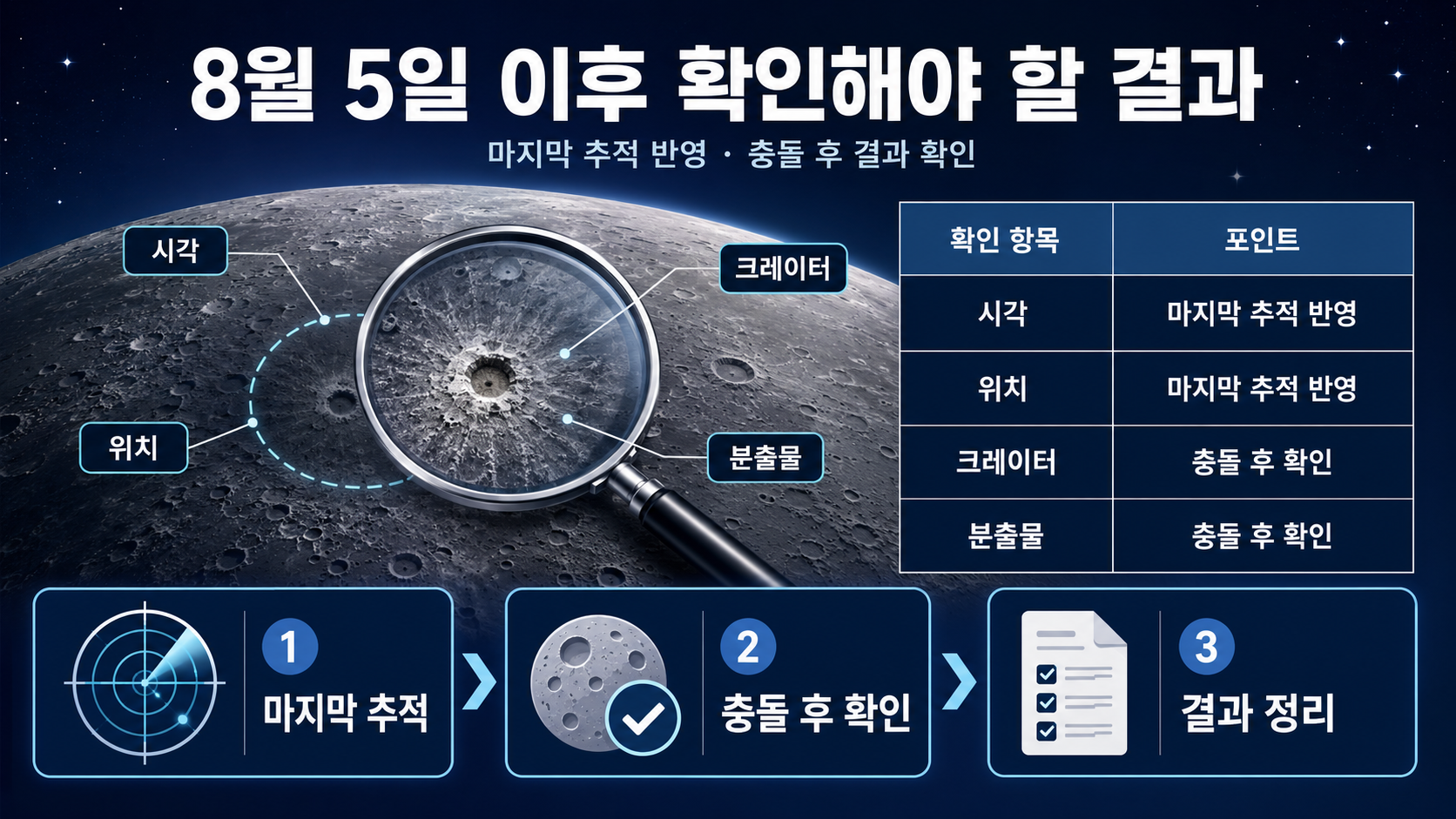 스페이스X 로켓 잔해 달 충돌 시간은 8월 5일 15시 34분…다누리 관측 계획 - 8월 5일 이후 확인해야 할 결과 핵심 내용을 정리한 정보형 이미지