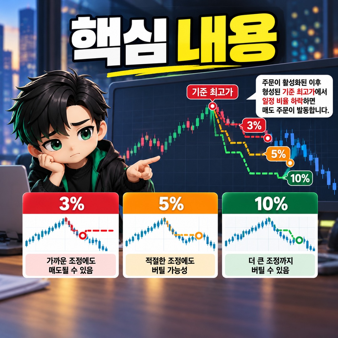 주식 트레일링 스탑 3%·5%·10% 차이, 수익 중인데 너무 일찍 팔리는 이유 - 핵심 내용 핵심 내용을 정리한 정보형 이미지
