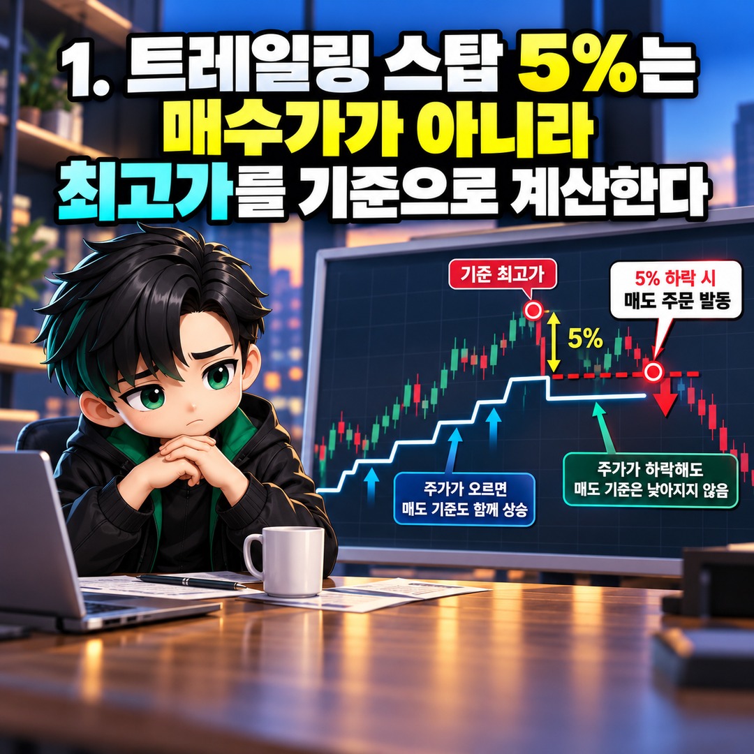 주식 트레일링 스탑 3%·5%·10% 차이, 수익 중인데 너무 일찍 팔리는 이유 - 1. 트레일링 스탑 5%는 매수가가 아니라 최고가를 기준으로 계산한다 핵심 내용을 정리한 정보형 이미지