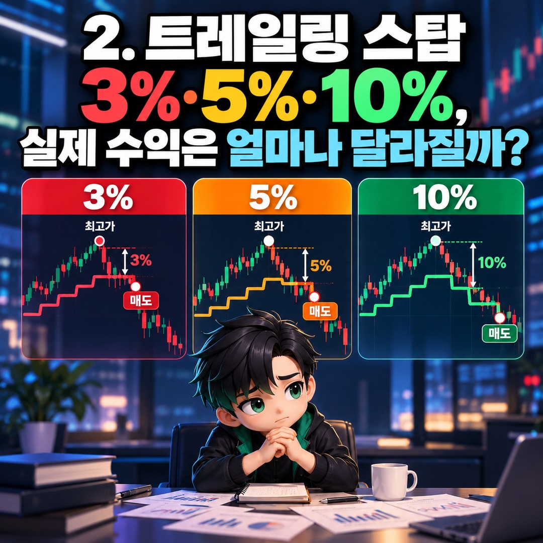 주식 트레일링 스탑 3%·5%·10% 차이, 수익 중인데 너무 일찍 팔리는 이유 - 2. 트레일링 스탑 3%·5%·10%, 실제 수익은 얼마나 달라질까? 핵심 내용을 정리한 정보형 이미지