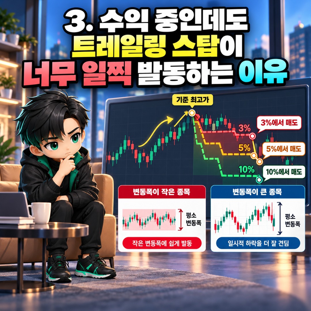주식 트레일링 스탑 3%·5%·10% 차이, 수익 중인데 너무 일찍 팔리는 이유 - 3. 수익 중인데도 트레일링 스탑이 너무 일찍 발동하는 이유 핵심 내용을 정리한 정보형 이미지