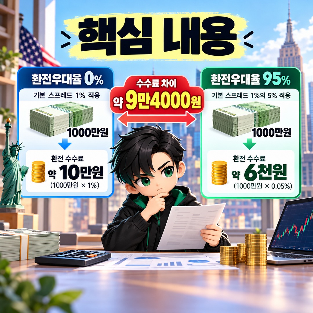 Converting KRW 10,000,000 for U.S. stocks: 95% vs. 0% exchange rate discounts make a fee difference of approximately KRW 94,000 - Informational image summarizing the key points