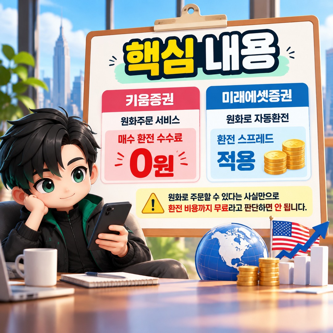 미국주식 원화주문은 환전 수수료 0원일까? 자동환전과 환율 우대의 차이 - 핵심 내용 핵심 내용을 정리한 정보형 이미지