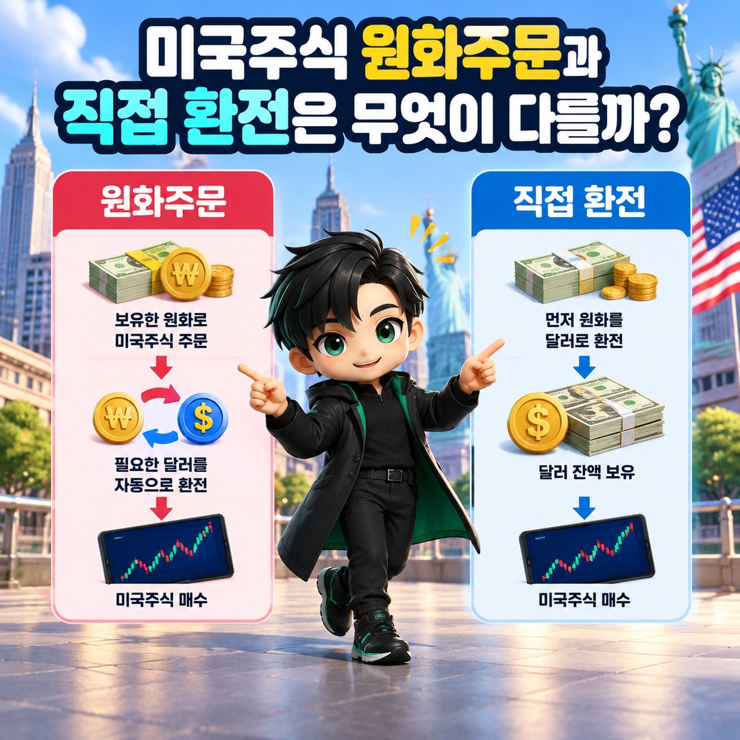 미국주식 원화주문은 환전 수수료 0원일까? 자동환전과 환율 우대의 차이 - 미국주식 원화주문과 직접 환전은 무엇이 다를까? 핵심 내용을 정리한 정보형 이미지