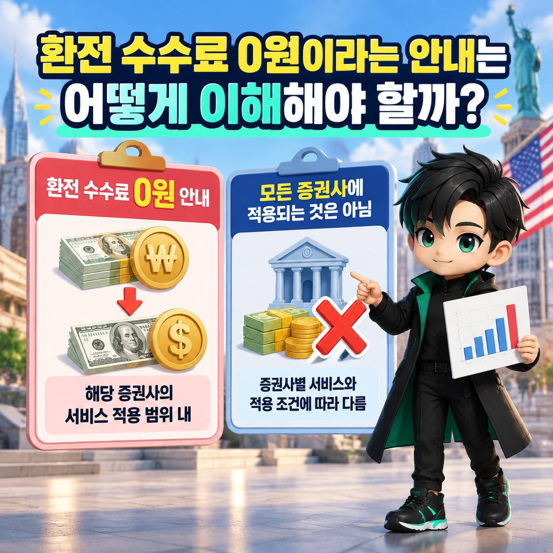 미국주식 원화주문은 환전 수수료 0원일까? 자동환전과 환율 우대의 차이 - 환전 수수료 0원이라는 안내는 어떻게 이해해야 할까? 핵심 내용을 정리한 정보형 이미지