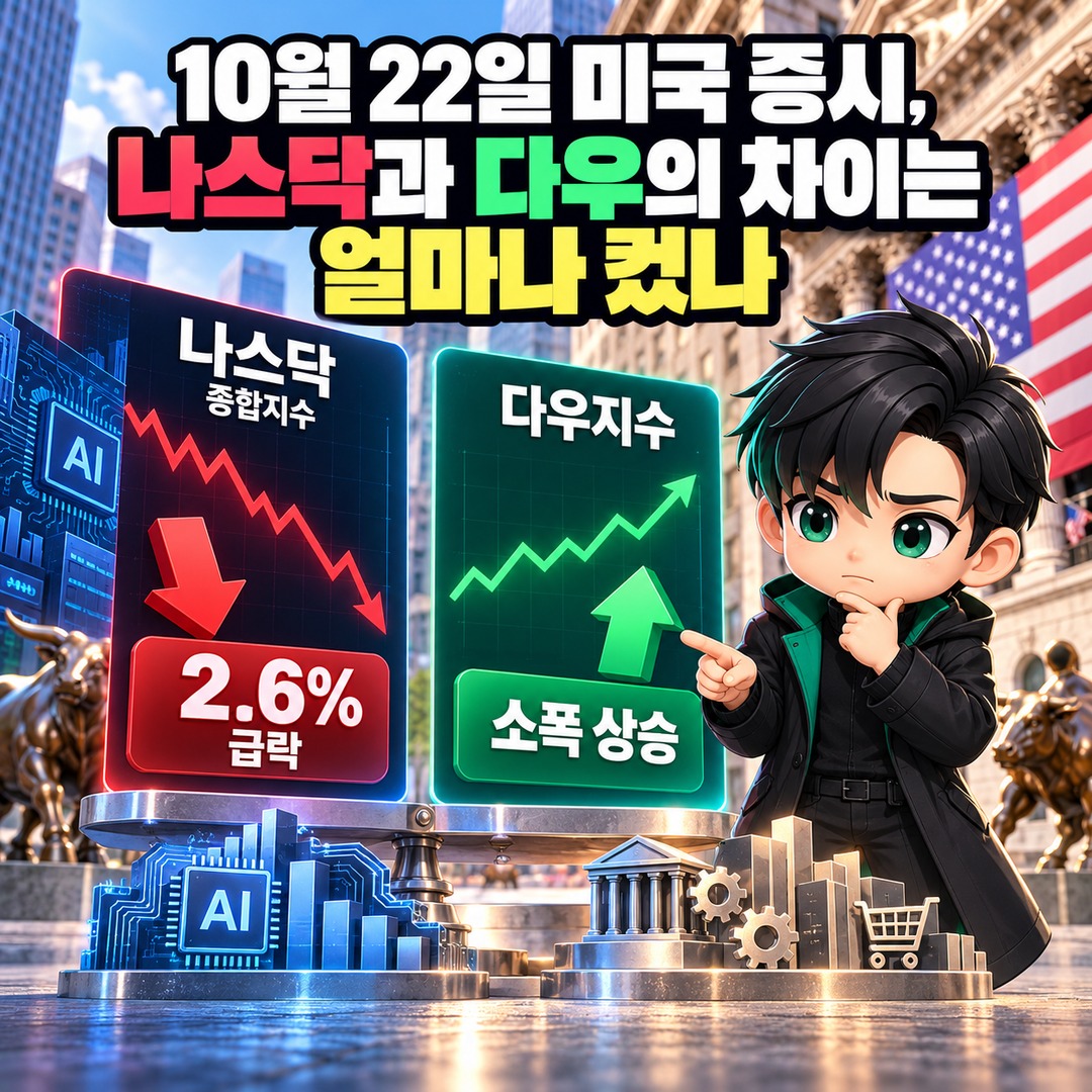 Nasdaq plunges 2.6% while the Dow and small-cap stocks rise: How large was the gap between the Nasdaq and the Dow on October 22? - Informational image summarizing the key points