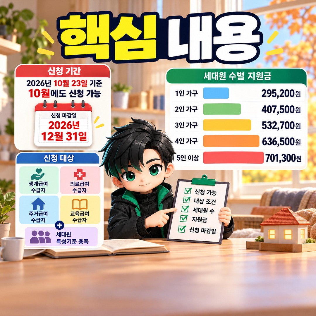 2026 에너지바우처 10월에도 신청 가능, 대상 조건과 세대원별 지원금·12월 31일 마감 - 핵심 내용 핵심 내용을 정리한 정보형 이미지