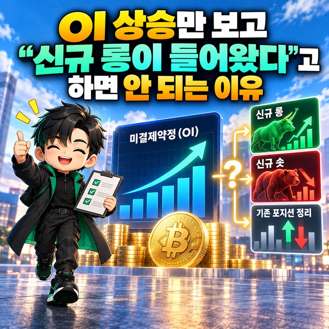 펀딩비와 OI가 같이 오르면 무엇이 달라진 걸까 - OI 상승만 보고 “신규 롱이 들어왔다”고 하면 안 되는 이유 핵심 내용을 정리한 정보형 이미지