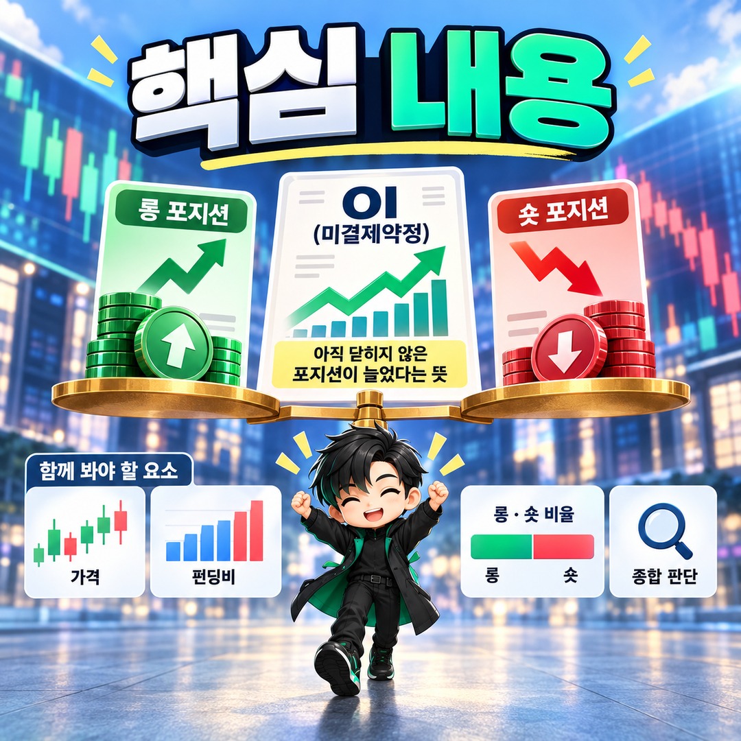 OI가 늘면 롱이 늘어난 걸까? 미결제약정만 보고 방향을 판단하면 틀리는 이유 - 핵심 내용 핵심 내용을 정리한 정보형 이미지