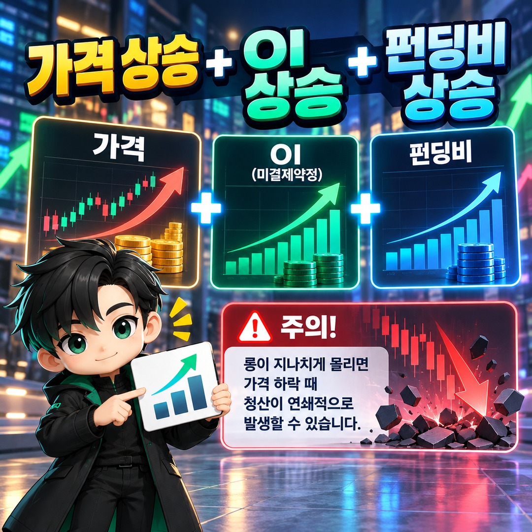 OI가 늘면 롱이 늘어난 걸까? 미결제약정만 보고 방향을 판단하면 틀리는 이유 - 가격 상승 + OI 상승 + 펀딩비 상승 핵심 내용을 정리한 정보형 이미지