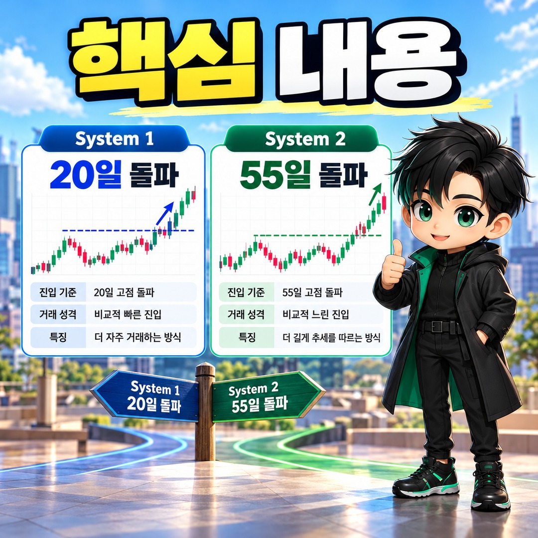 리처드 데니스 터틀 트레이딩 20일·55일 돌파 규칙 리처드 데니스 터틀 트레이딩, 20일과 55일 돌파는 선택 문제가 아니다 - 핵심 내용 핵심 내용을 정리한 정보형 이미지