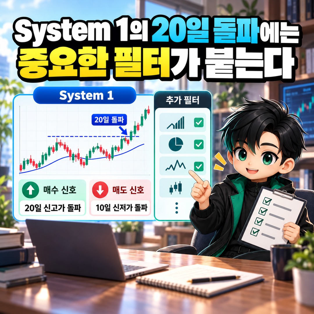 리처드 데니스 터틀 트레이딩 20일·55일 돌파 규칙 리처드 데니스 터틀 트레이딩, 20일과 55일 돌파는 선택 문제가 아니다 - System 1의 20일 돌파에는 중요한 필터가 붙는다 핵심 내용을 정리한 정보형 이미지