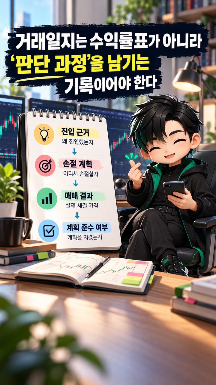 주식·코인 거래일지 작성법 주식·코인 거래일지 작성법: 진입 근거·손절 계획·매매 결과를 한 표에 기록하는 방법 - 거래일지는 수익률표가 아니라 ‘판단 과정’을 남기는 기록이어야 한다 핵심 내용을 정리한 정보형 이미지