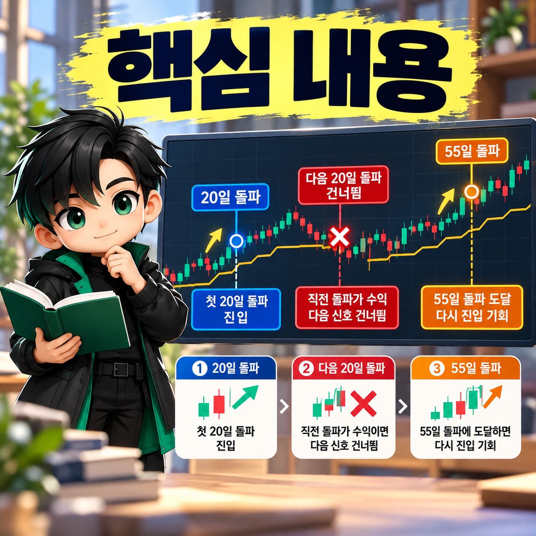 터틀 트레이딩 20일 돌파했는데 왜 안 살까? 직전 돌파가 수익이면 건너뛰는 규칙 - 핵심 내용 핵심 내용을 정리한 정보형 이미지