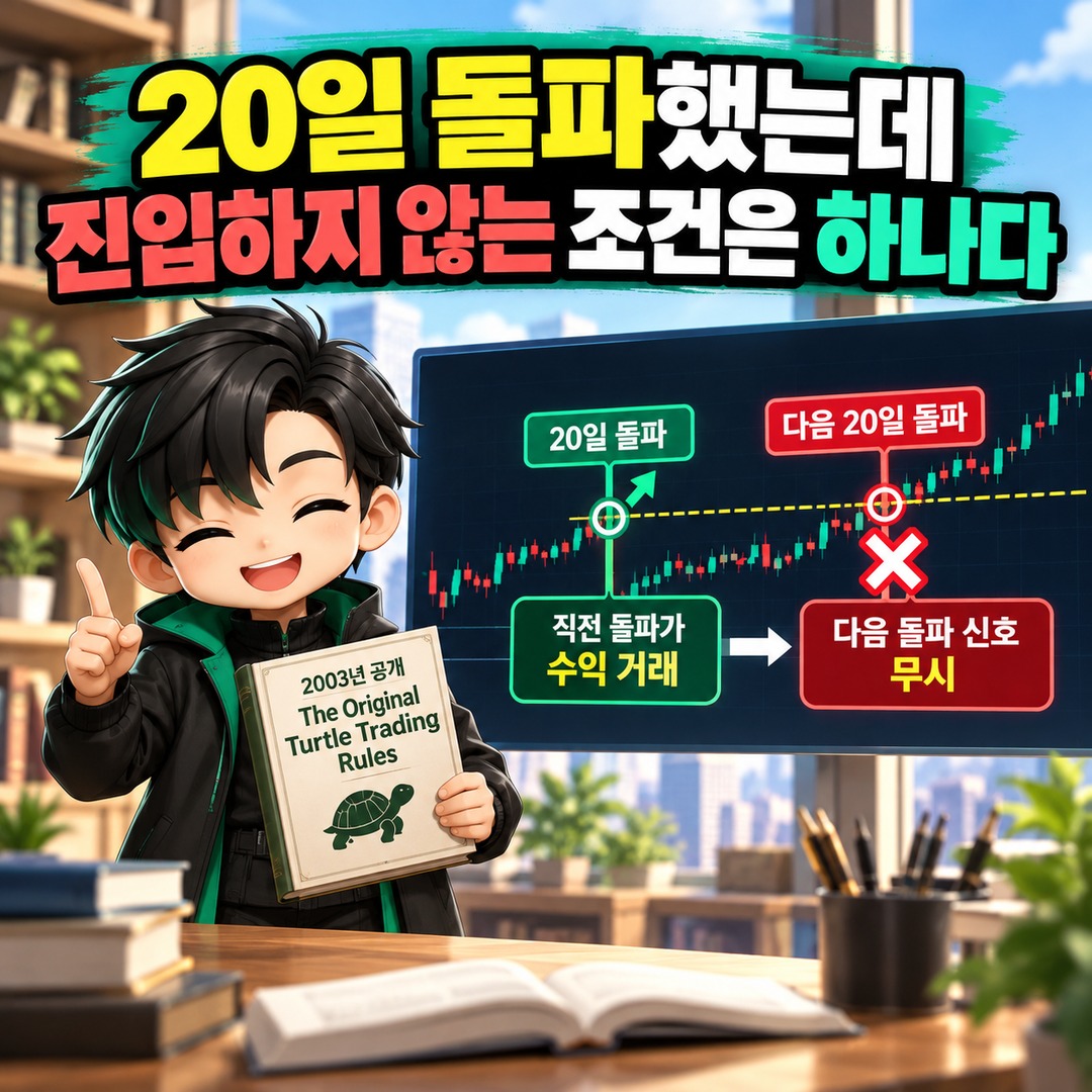 터틀 트레이딩 20일 돌파했는데 왜 안 살까? 직전 돌파가 수익이면 건너뛰는 규칙 - 20일 돌파했는데 진입하지 않는 조건은 하나다 핵심 내용을 정리한 정보형 이미지