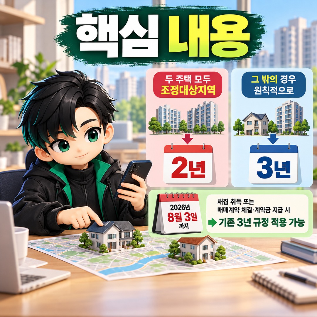 일시적 2주택 2026년 10월 개정 후 2년·3년 적용 기준 일시적 2주택, 기존 집 처분기한은 2년일까 3년일까? 2026년 10월 기준 - 핵심 내용 핵심 내용을 정리한 정보형 이미지