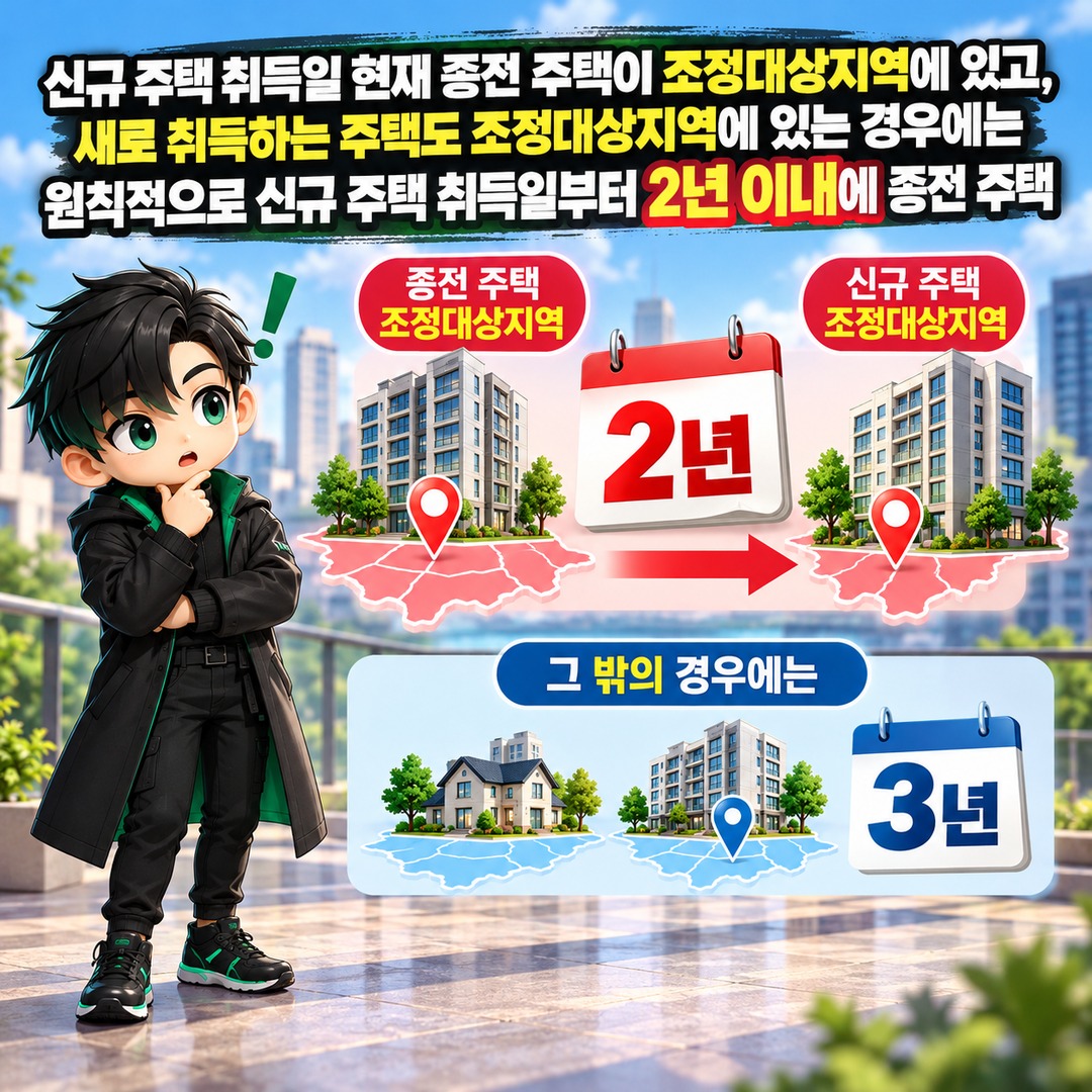 일시적 2주택 2026년 10월 개정 후 2년·3년 적용 기준 일시적 2주택, 기존 집 처분기한은 2년일까 3년일까? 2026년 10월 기준 - 신규 주택 취득일 현재 종전 주택이 조정대상지역에 있고, 새로 취득하는 주택도 조정대상지역에 있는 경우에는 원칙적으로 신규 주택 취득일부터 2년 이내에 종전 주택 핵심 내용을 정