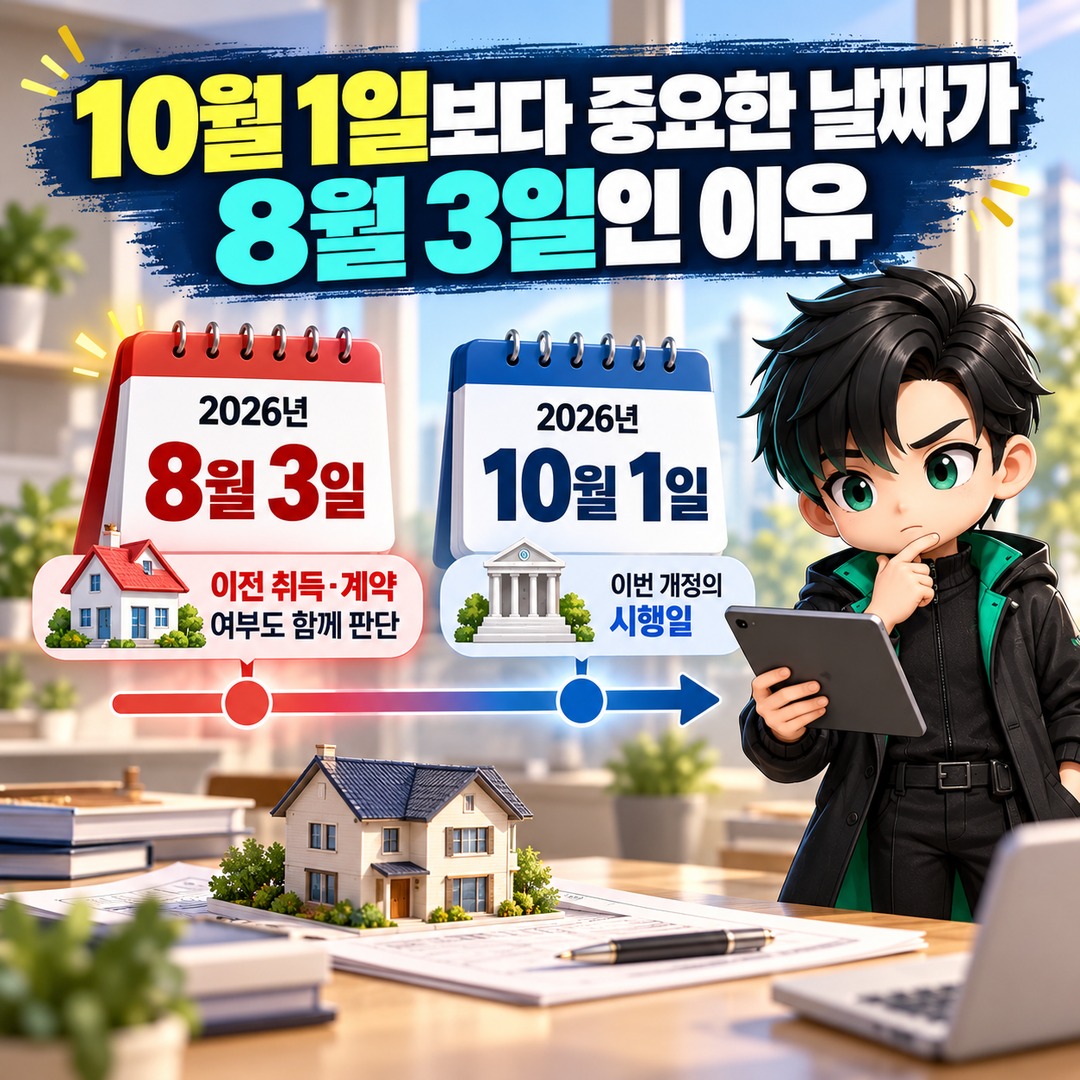일시적 2주택 2026년 10월 개정 후 2년·3년 적용 기준 일시적 2주택, 기존 집 처분기한은 2년일까 3년일까? 2026년 10월 기준 - 10월 1일보다 중요한 날짜가 8월 3일인 이유 핵심 내용을 정리한 정보형 이미지