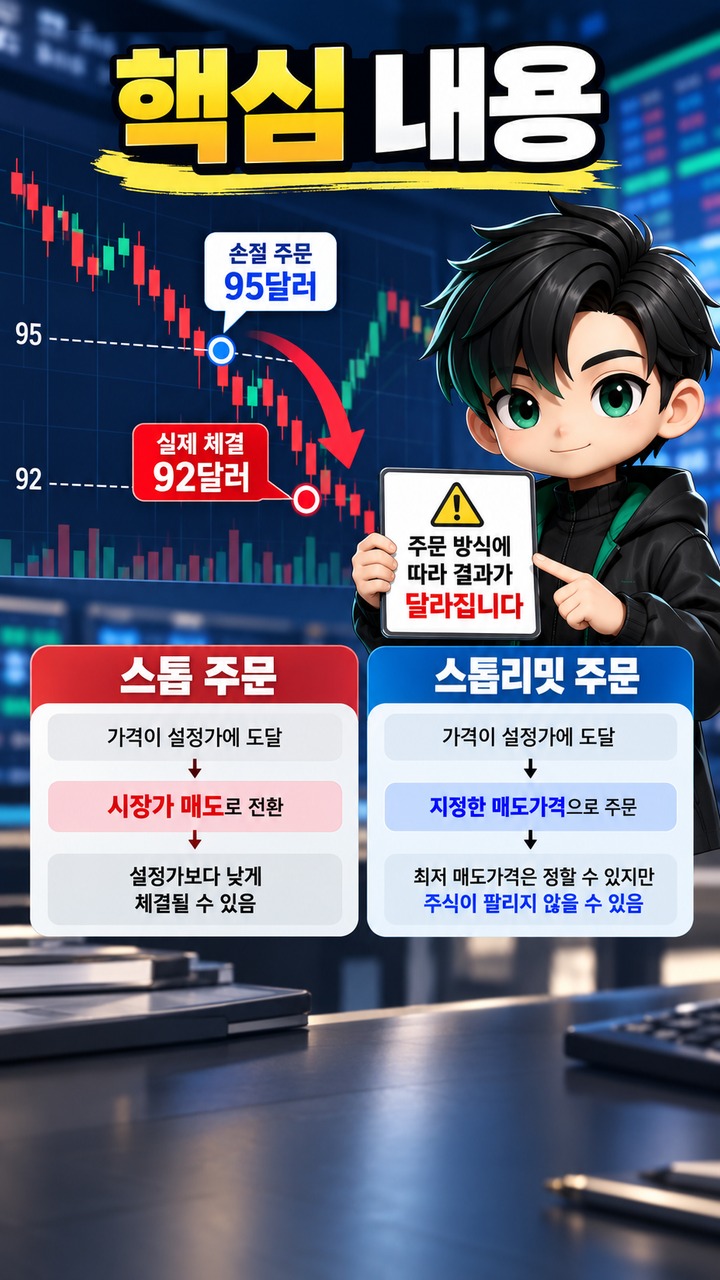 Informational thumbnail explaining why U.S. stock stop-loss orders can execute below the set price and the key differences between stop and stop-limit orders