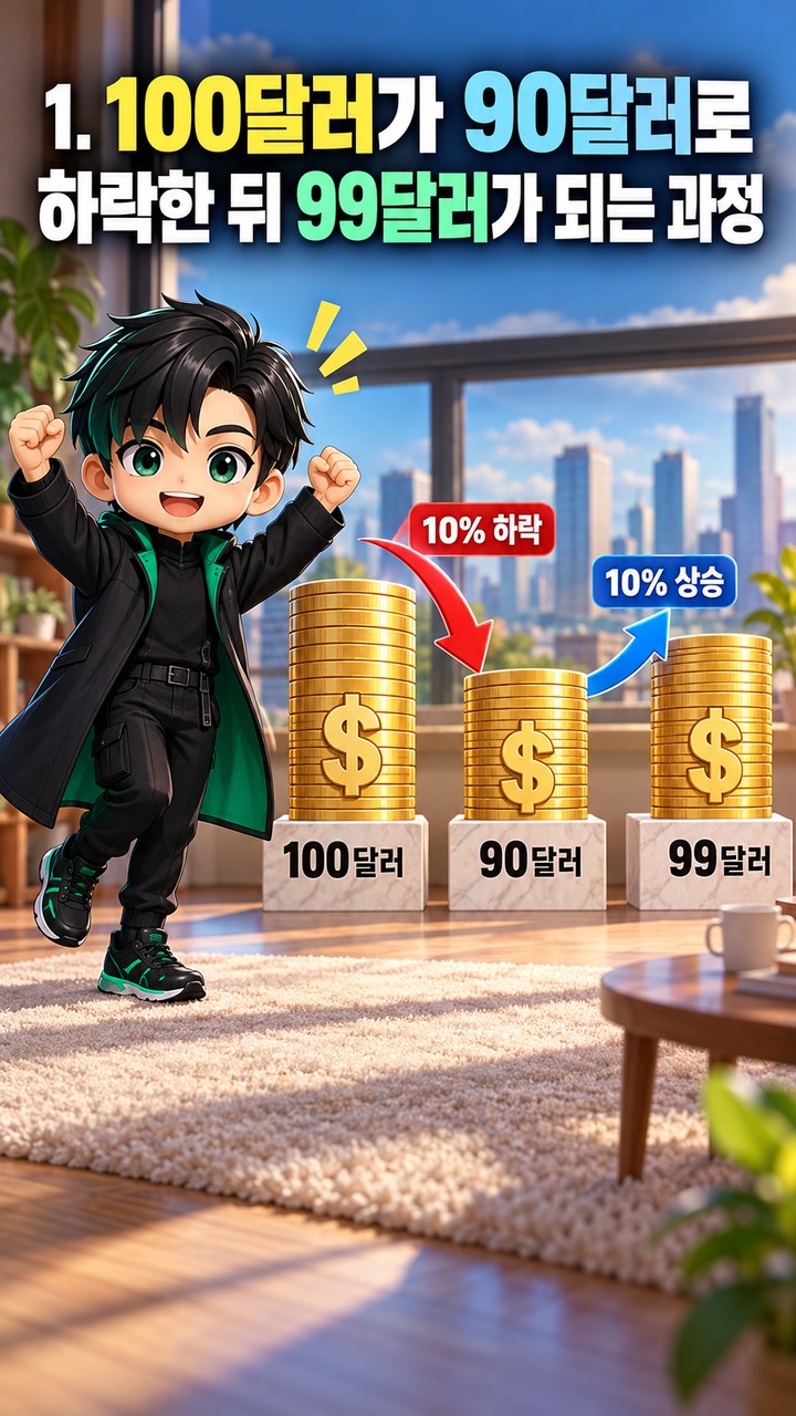 Informational thumbnail explaining why an investment does not recover its original value after a 10% decline followed by a 10% rebound