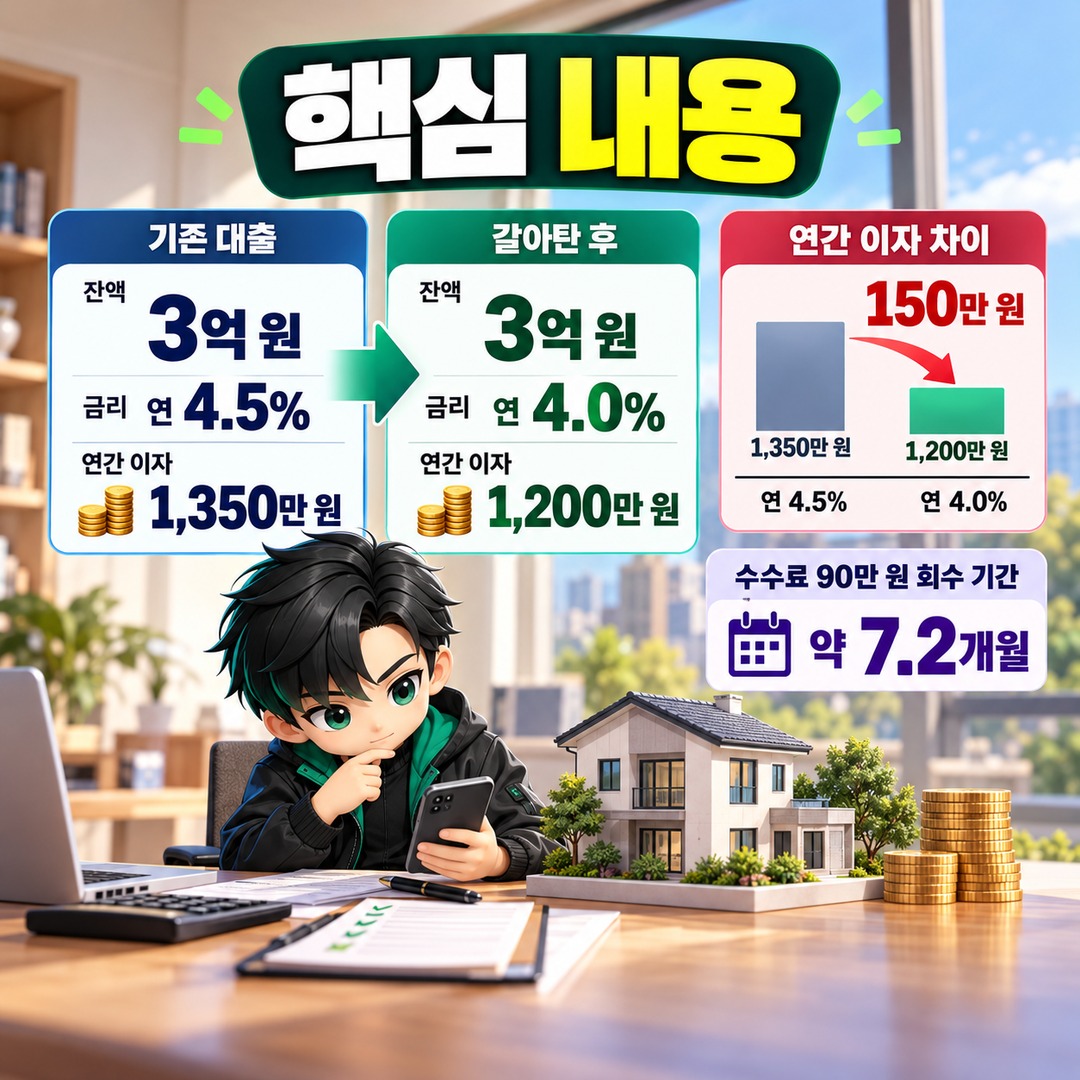 주택담보대출 3억 원, 금리 0.5%p 낮추면 수수료 90만 원도 회수할 수 있을까 - 핵심 내용 핵심 내용을 정리한 정보형 이미지