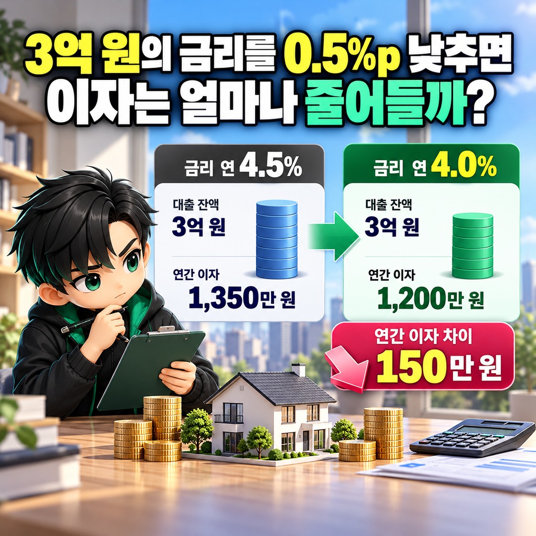 주택담보대출 3억 원, 금리 0.5%p 낮추면 수수료 90만 원도 회수할 수 있을까 - 3억 원의 금리를 0.5%p 낮추면 이자는 얼마나 줄어들까 핵심 내용을 정리한 정보형 이미지