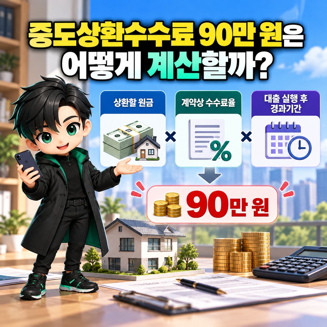 주택담보대출 3억 원, 금리 0.5%p 낮추면 수수료 90만 원도 회수할 수 있을까 - 중도상환수수료 90만 원은 어떻게 계산할까 핵심 내용을 정리한 정보형 이미지