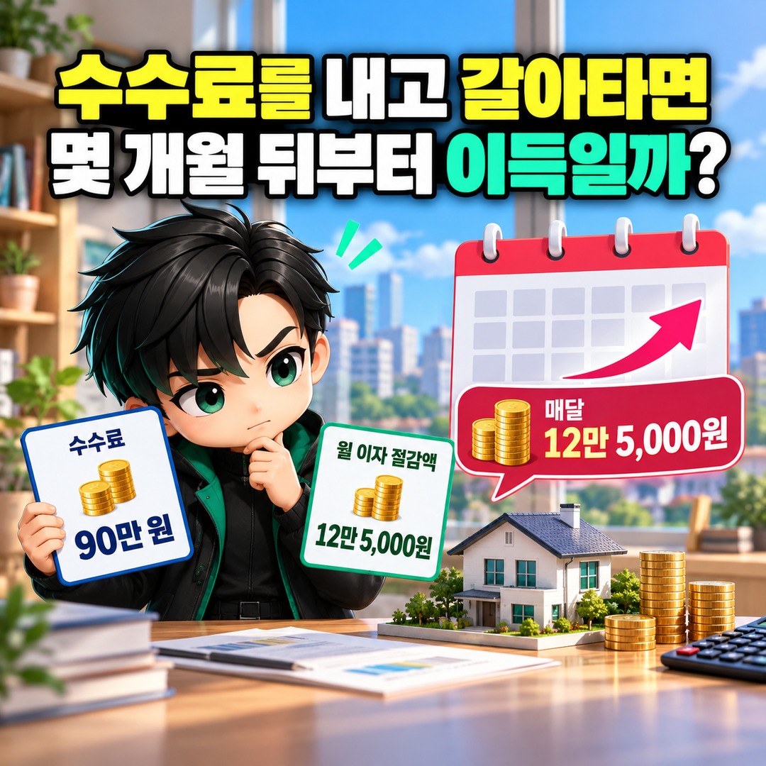 주택담보대출 3억 원, 금리 0.5%p 낮추면 수수료 90만 원도 회수할 수 있을까 - 수수료를 내고 갈아타면 몇 개월 뒤부터 이득일까 핵심 내용을 정리한 정보형 이미지