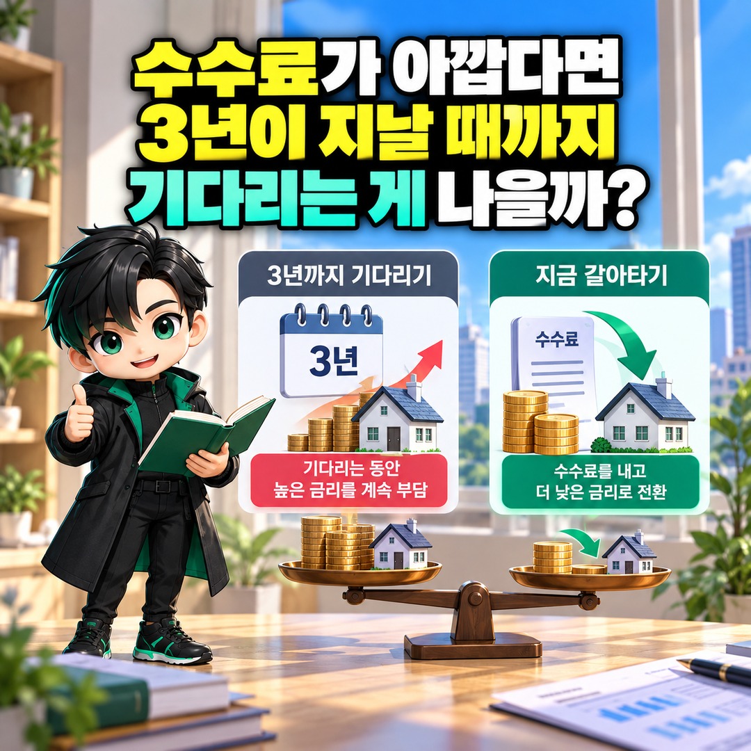 주택담보대출 3억 원, 금리 0.5%p 낮추면 수수료 90만 원도 회수할 수 있을까 - 수수료가 아깝다면 3년이 지날 때까지 기다리는 게 나을까 핵심 내용을 정리한 정보형 이미지