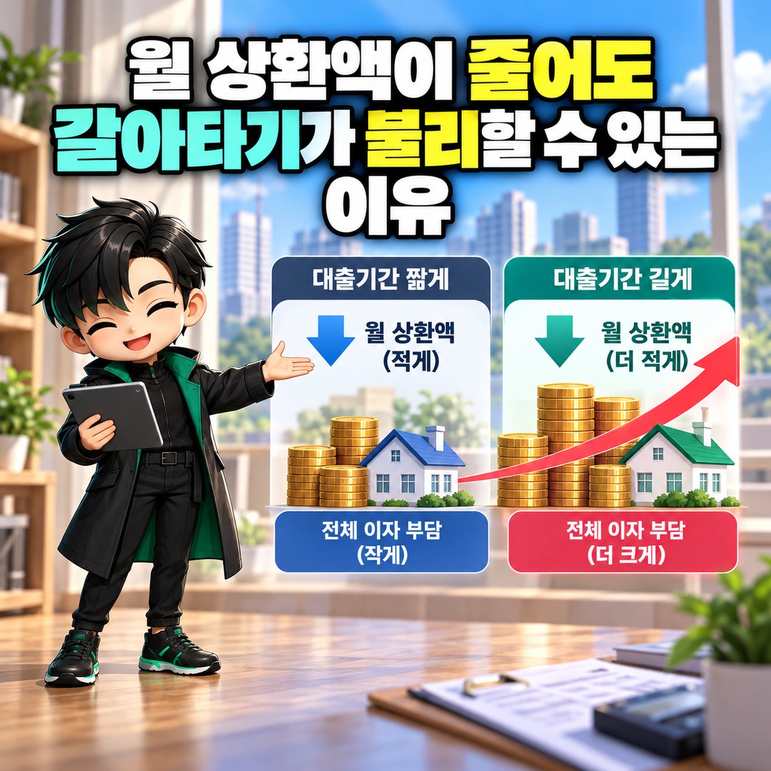 주택담보대출 3억 원, 금리 0.5%p 낮추면 수수료 90만 원도 회수할 수 있을까 - 월 상환액이 줄어도 갈아타기가 불리할 수 있는 이유 핵심 내용을 정리한 정보형 이미지