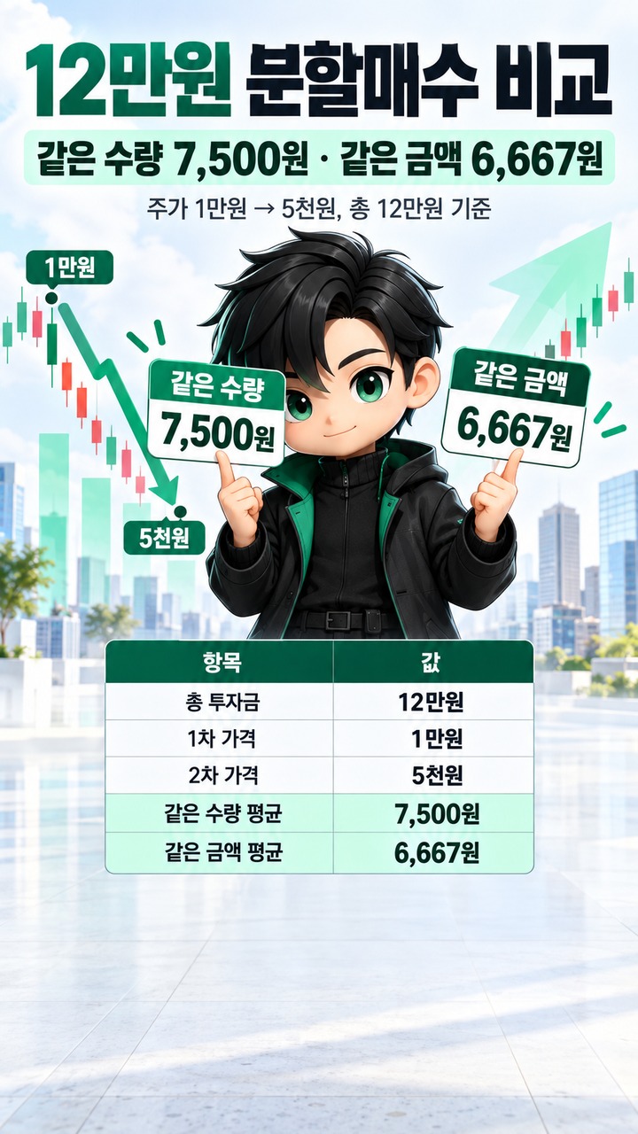 Informational thumbnail explaining why investing 120,000 won in two installments produces an average purchase price of 7,500 won with equal-share purchases versus 6,667 won with eq