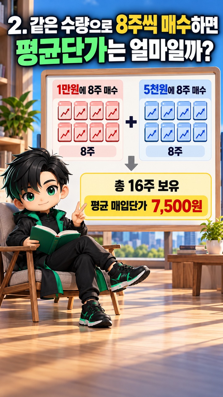 Informational thumbnail explaining why investing 120,000 won in two installments produces an average purchase price of 7,500 won with equal-share purchases versus 6,667 won with eq