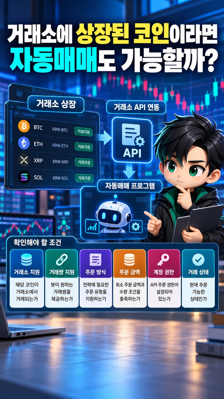 Informational thumbnail explaining whether crypto trading bots work with every cryptocurrency, exchange-specific support requirements, and how to check compatibility