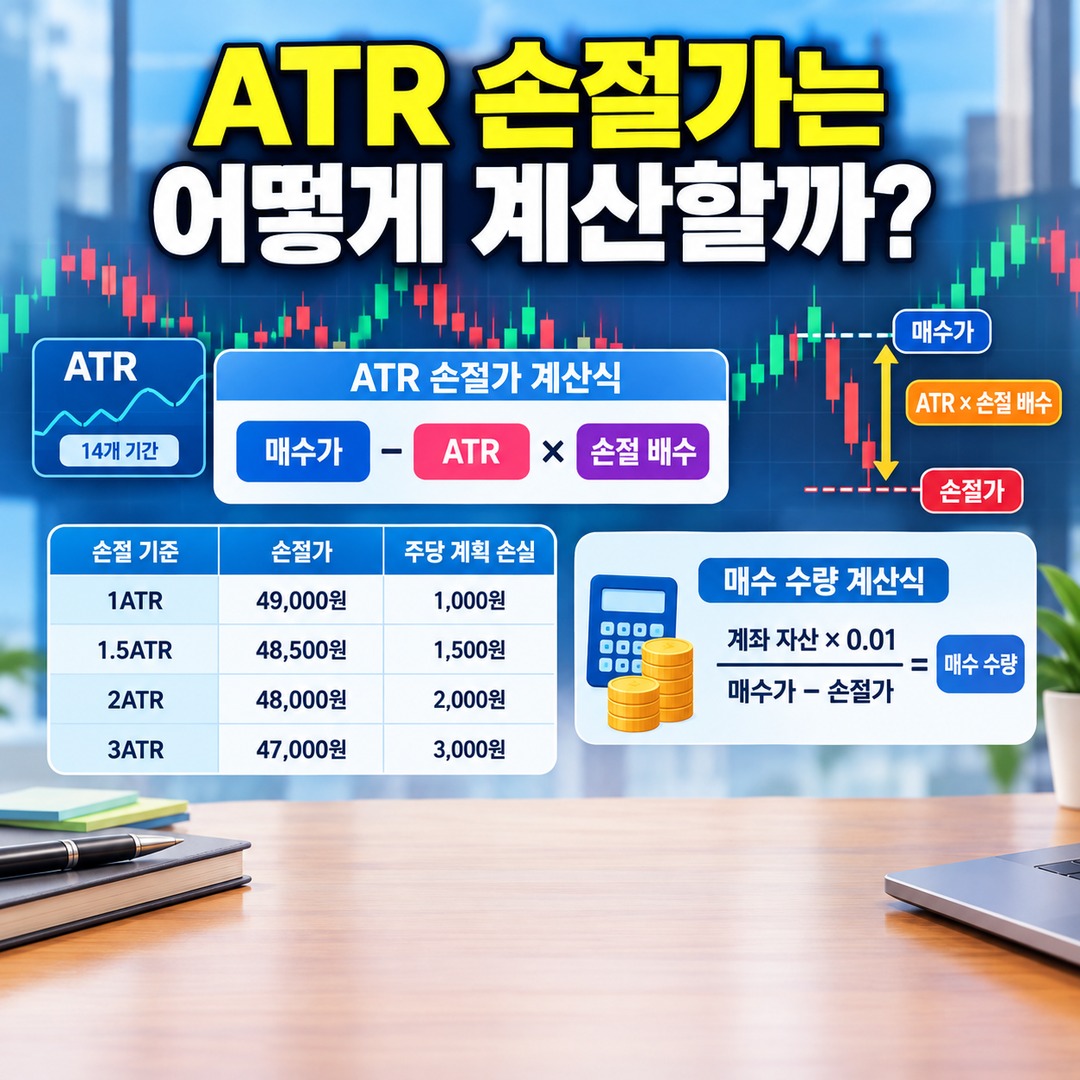 주식 ATR 손절가 계산법, 투자금 1% 손실 기준으로 매수 수량 정하는 방법 - ATR 손절가는 어떻게 계산할까? 핵심 내용을 정리한 정보형 이미지