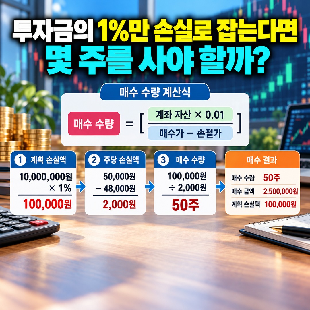 주식 ATR 손절가 계산법, 투자금 1% 손실 기준으로 매수 수량 정하는 방법 - 투자금의 1%만 손실로 잡는다면 몇 주를 사야 할까? 핵심 내용을 정리한 정보형 이미지
