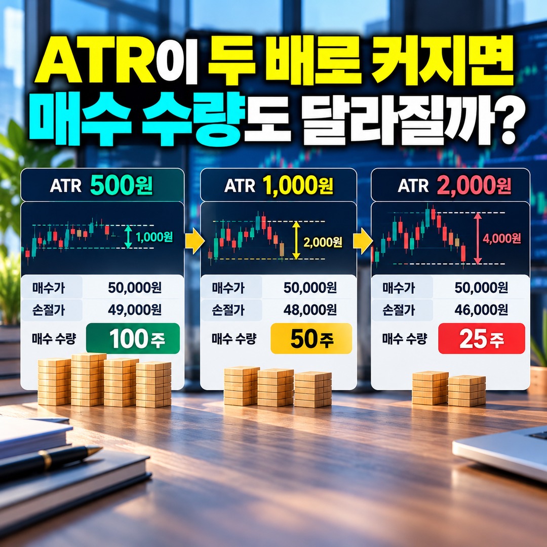 주식 ATR 손절가 계산법, 투자금 1% 손실 기준으로 매수 수량 정하는 방법 - ATR이 두 배로 커지면 매수 수량도 달라질까? 핵심 내용을 정리한 정보형 이미지