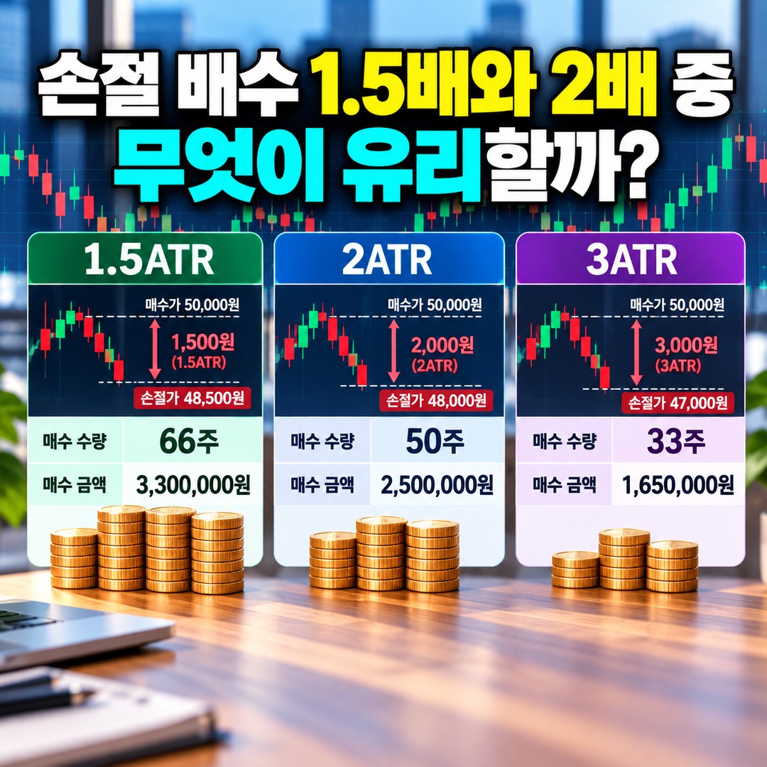 주식 ATR 손절가 계산법, 투자금 1% 손실 기준으로 매수 수량 정하는 방법 - 손절 배수 1.5배와 2배 중 무엇이 유리할까? 핵심 내용을 정리한 정보형 이미지